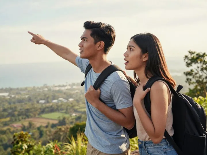 Young couple on a hilltop pointing out over the Tagaytay countryside
