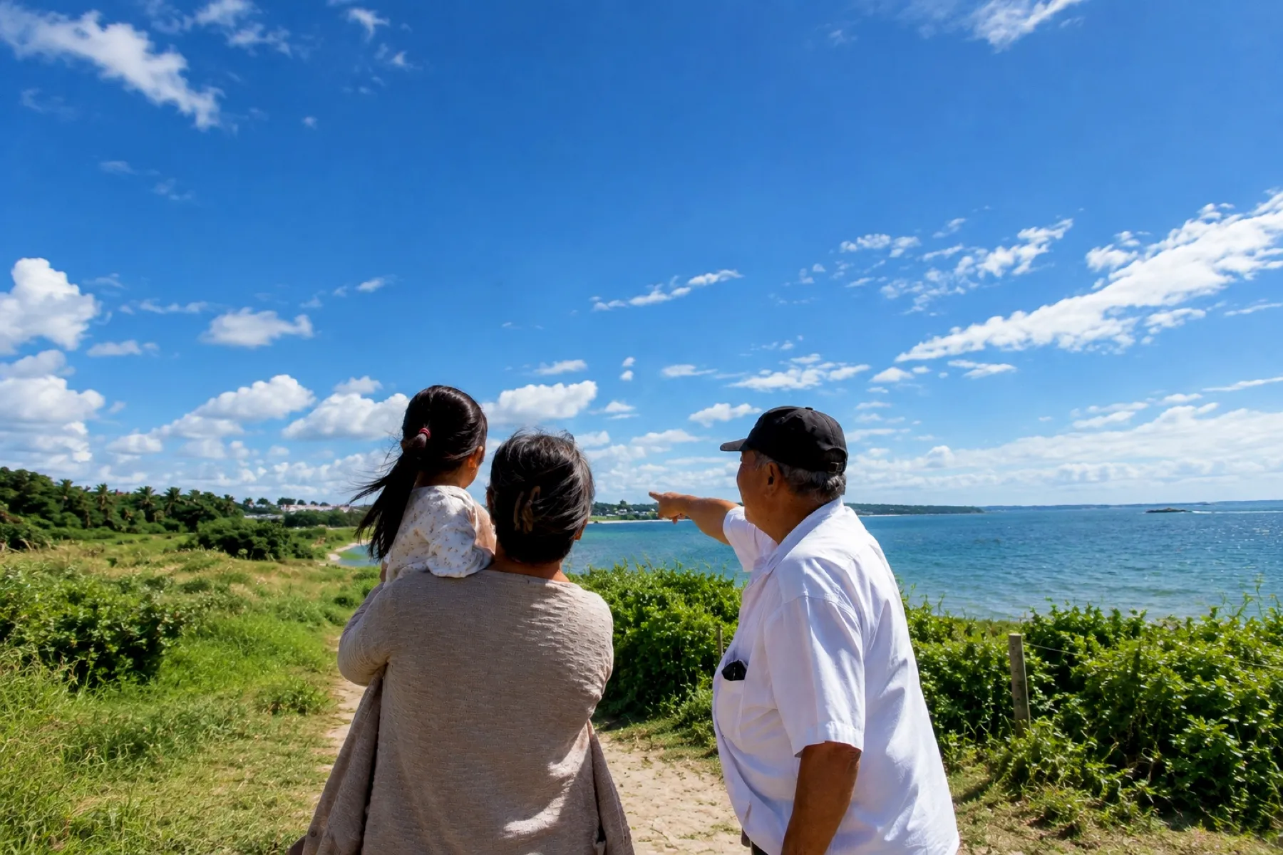 Grandparents and a grandchild looking out over a sunny coastline
