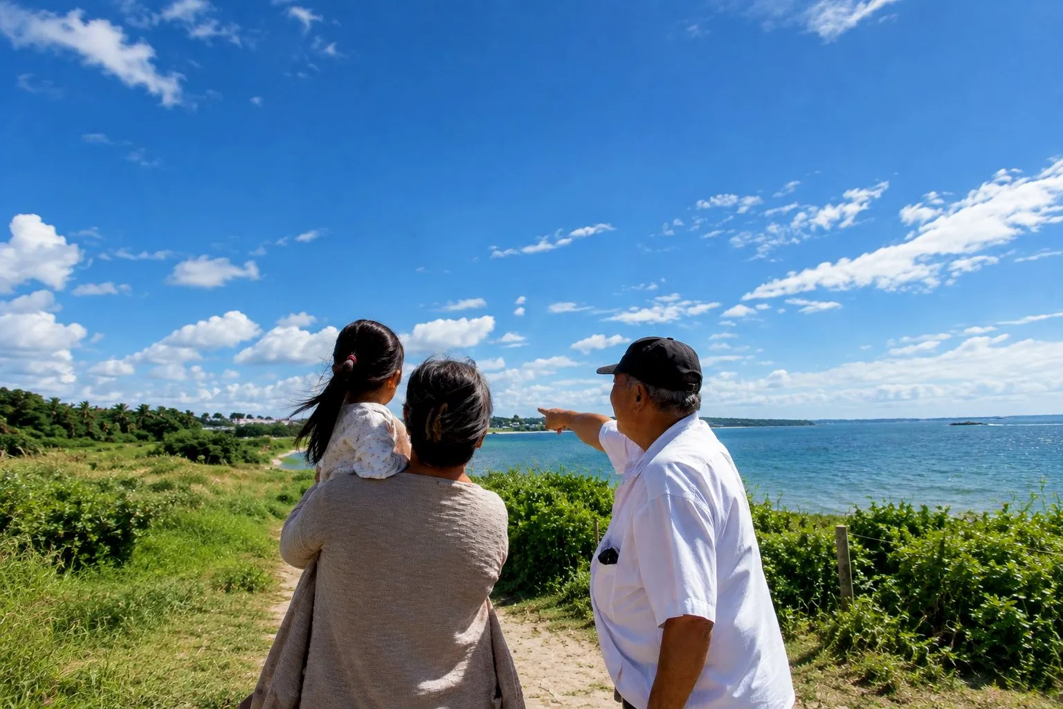 Grandparents and a grandchild looking out over the coast
