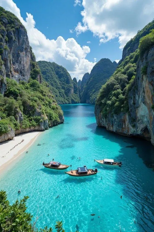 Boats on a turquoise lagoon between limestone cliffs