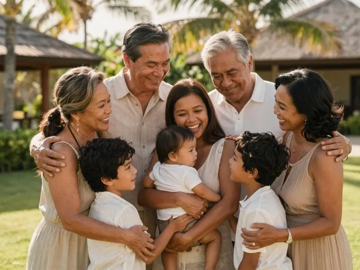 Grandparents, parents and grandchildren sharing a warm family hug